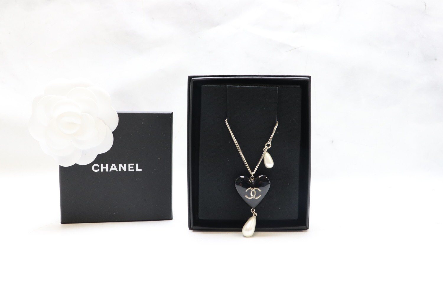 Chanel Necklace Black Heart with Pearl, Gold, New in Box