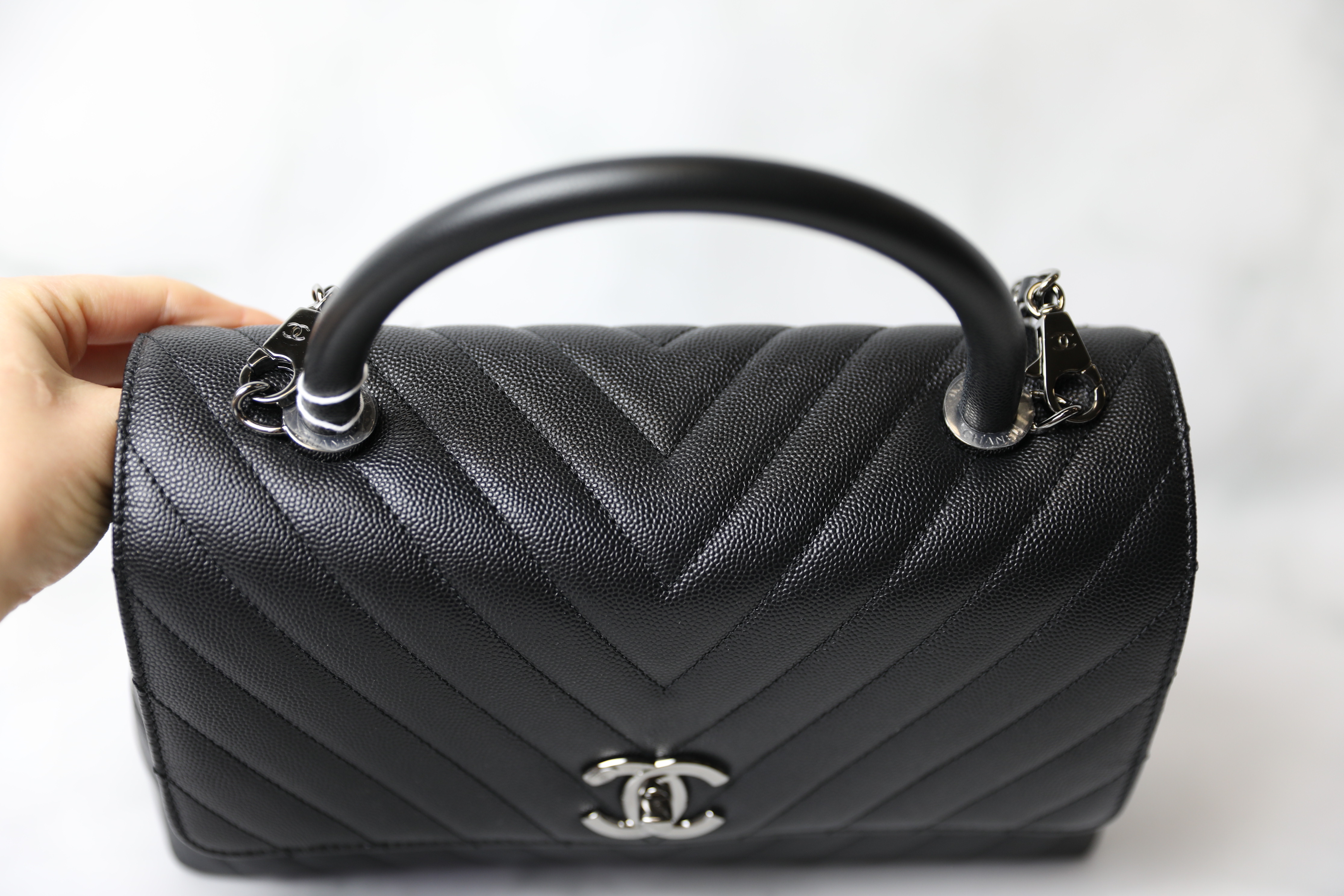 Chanel Coco Handle Small, Black Caviar Leather, Shiny Ruthenium Hardware,  Chevron, New in Box WA001