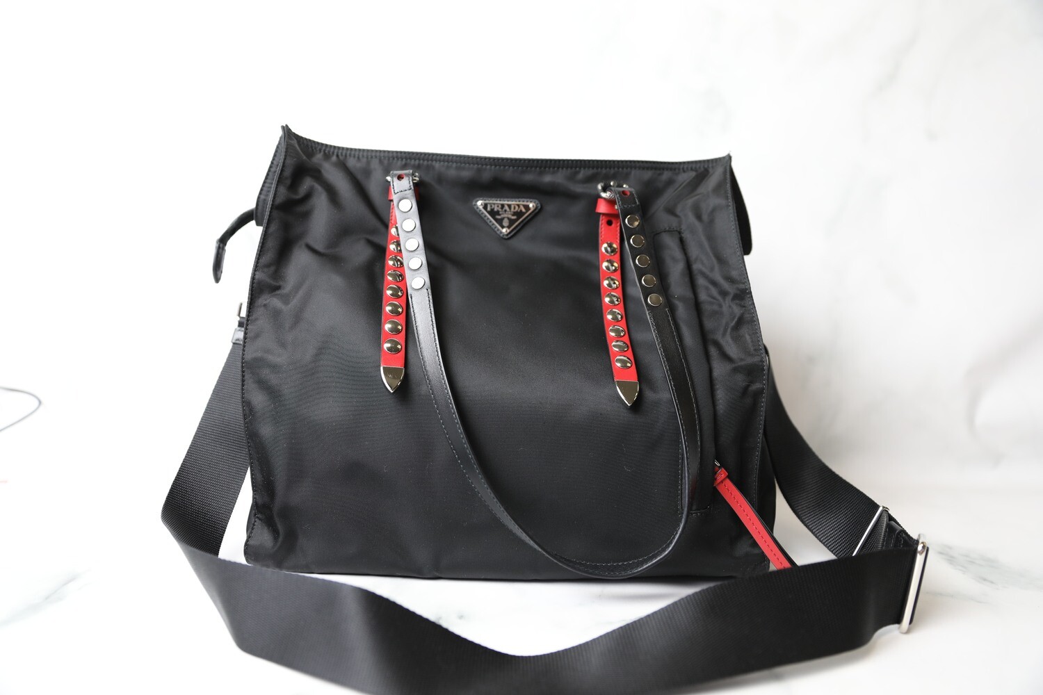 Prada Tote with Studded Straps, Black Nylon with Leather Trim, Preowned in Dustbag WA001