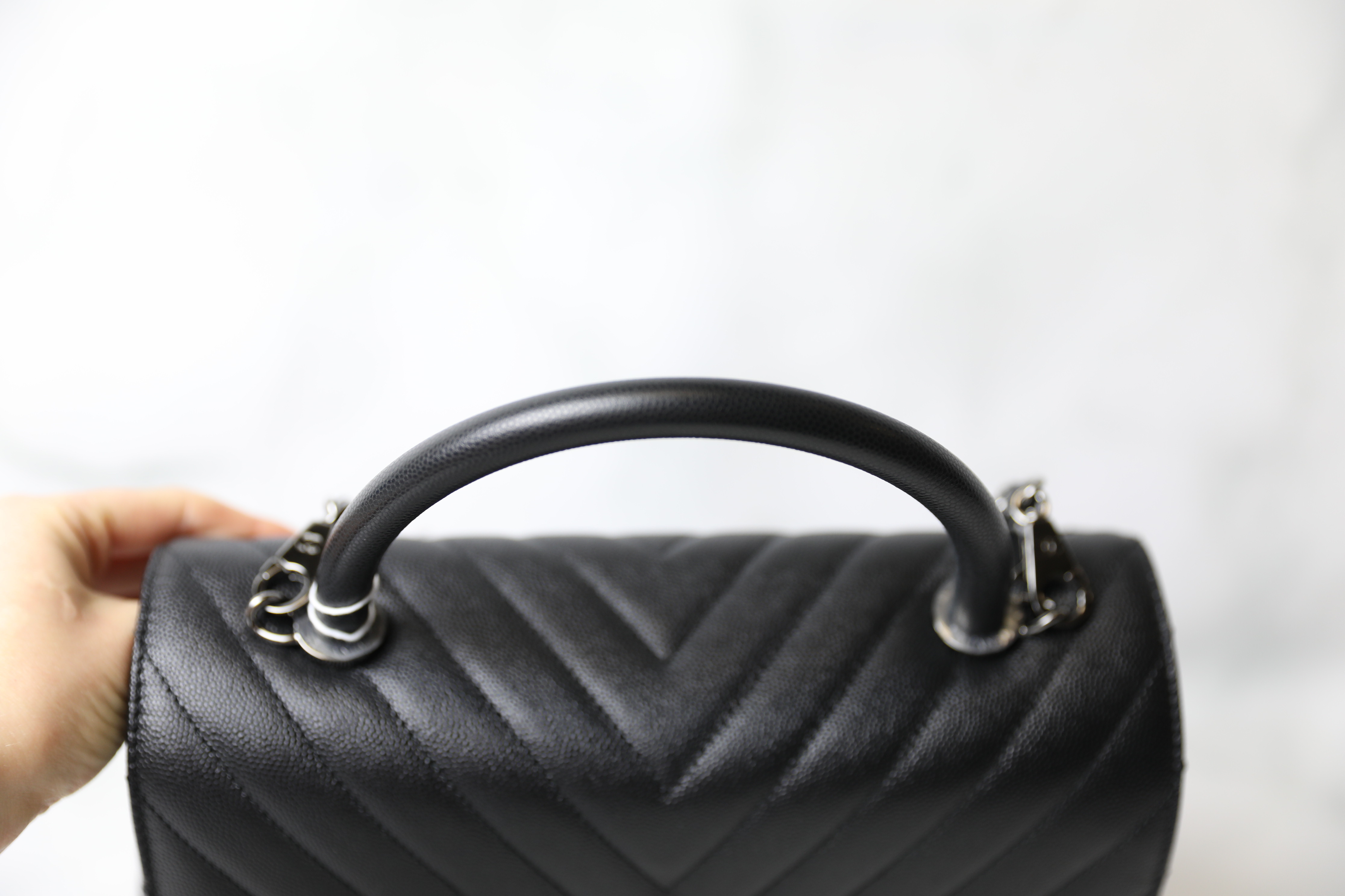 Chanel Coco Handle Small, Black Caviar Leather, Shiny Ruthenium Hardware,  Chevron, New in Box WA001