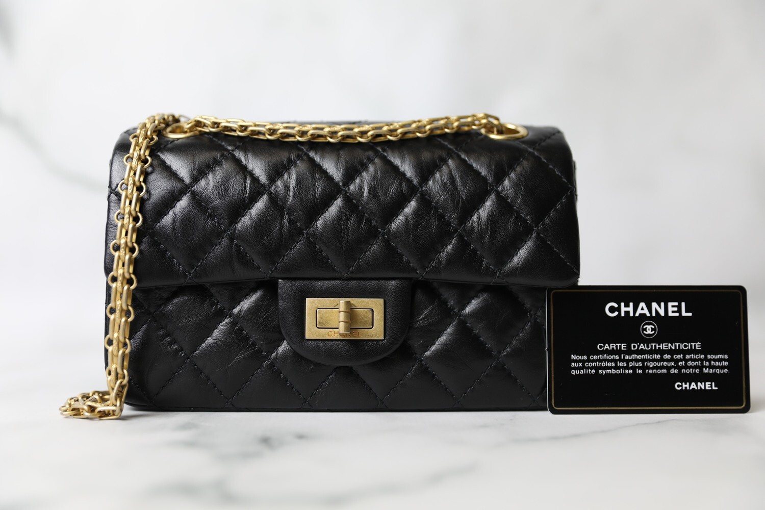 Chanel Reissue Mini, Back Calfskin with Aged Gold Hardware, Preowned in Box WA001