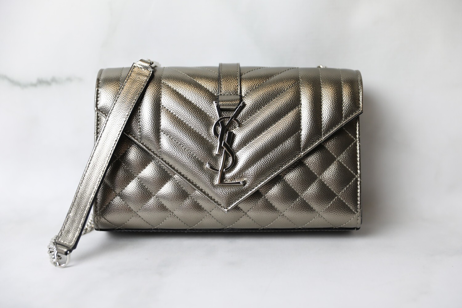 Saint Laurent Envelope Small, Metallic Pewter with silver Hardware, New in Dustbag WA001