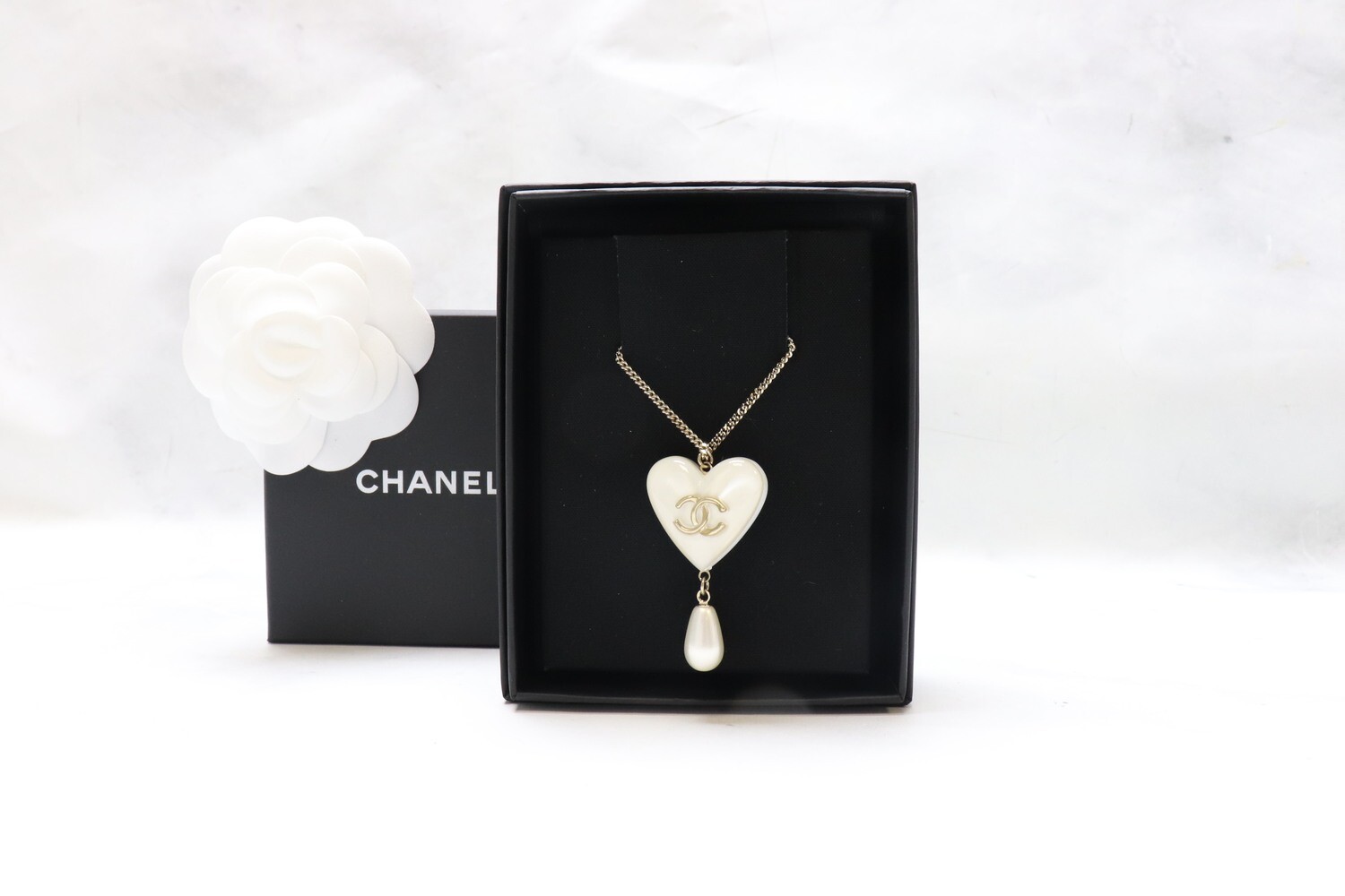 Chanel Necklace White Heart with Gold CC and Pearl, New in Box