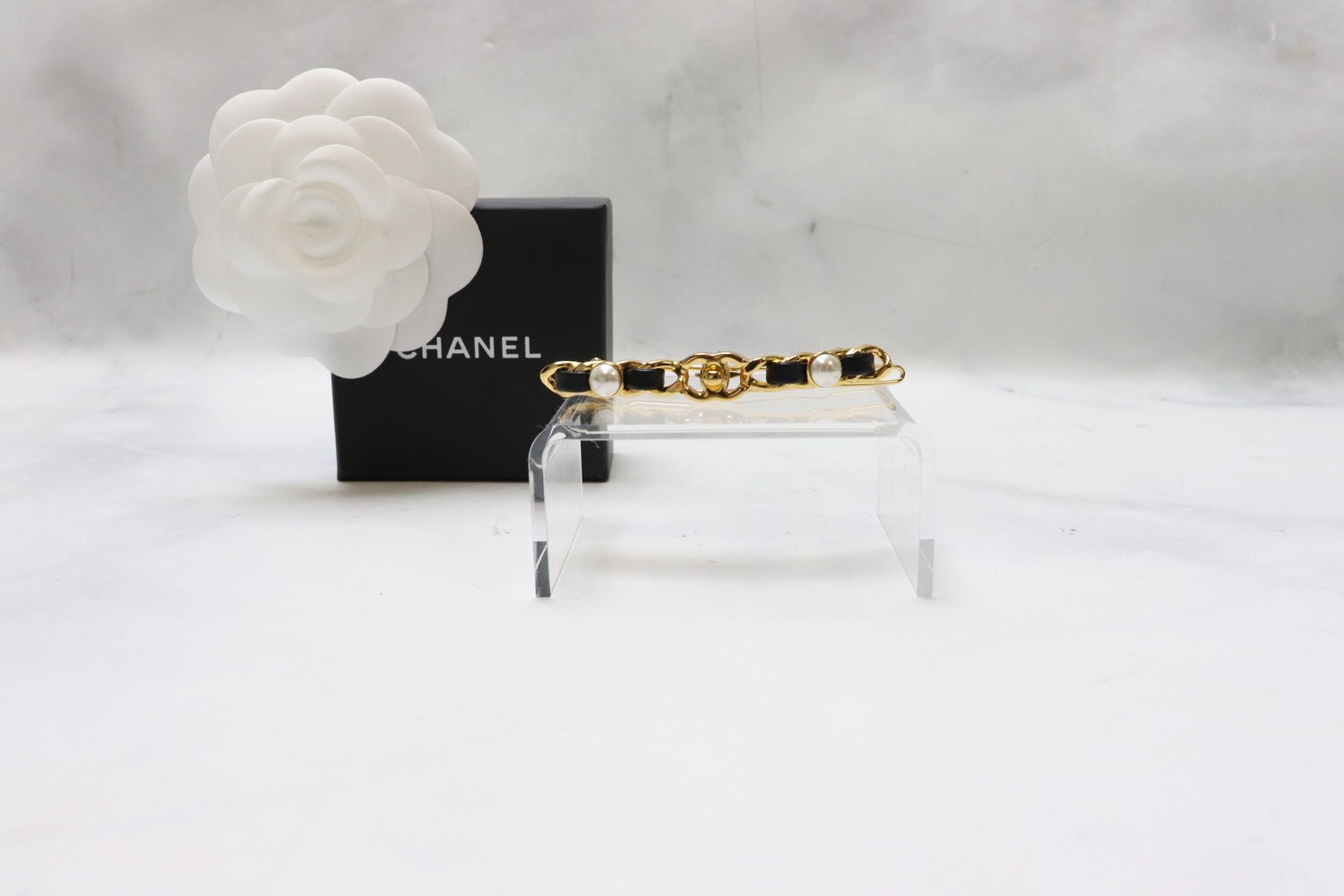 Chanel Hair Pin Black Leather with Pearl, New in Box