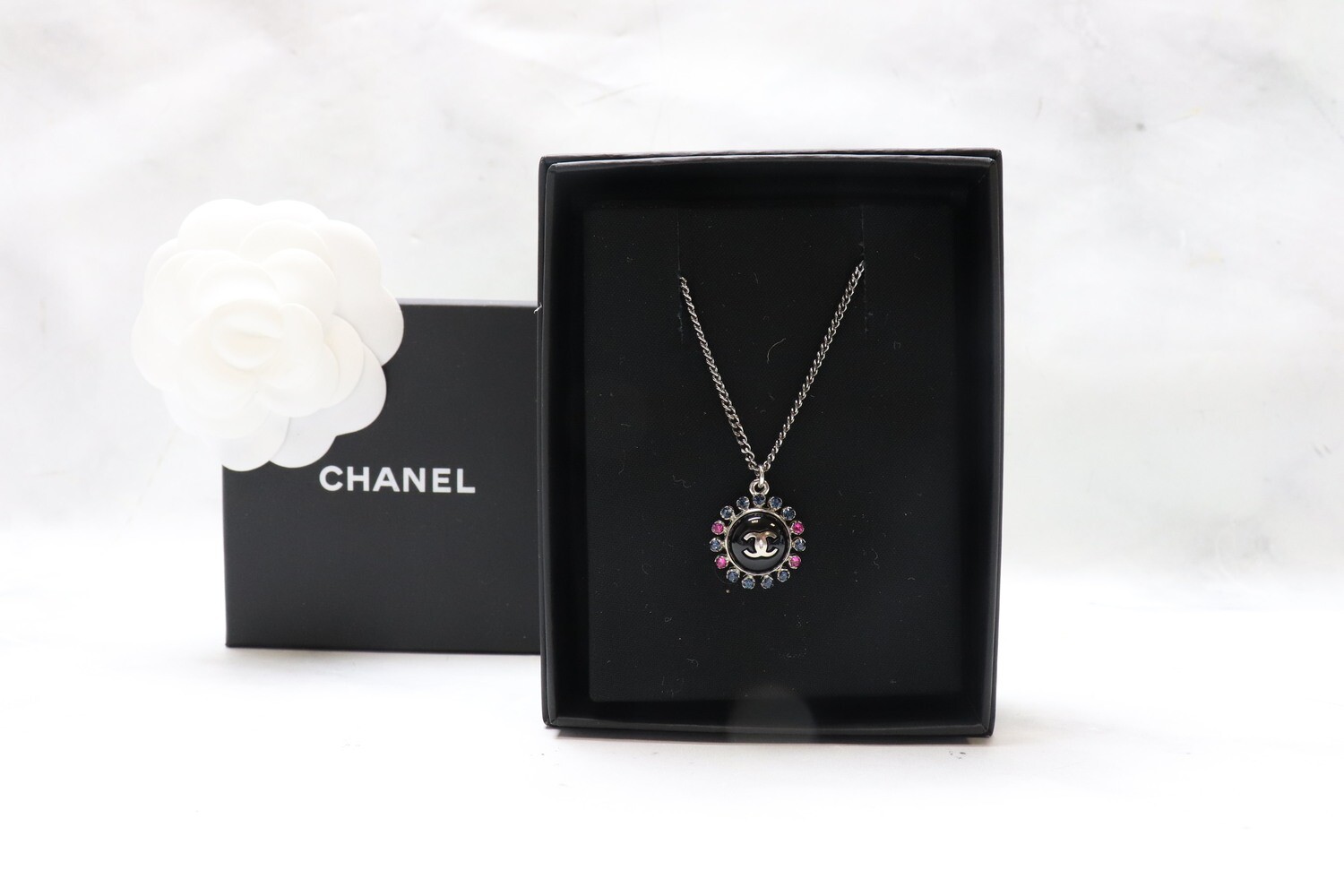 Chanel Necklace Black with Purple Crystal, New in Box