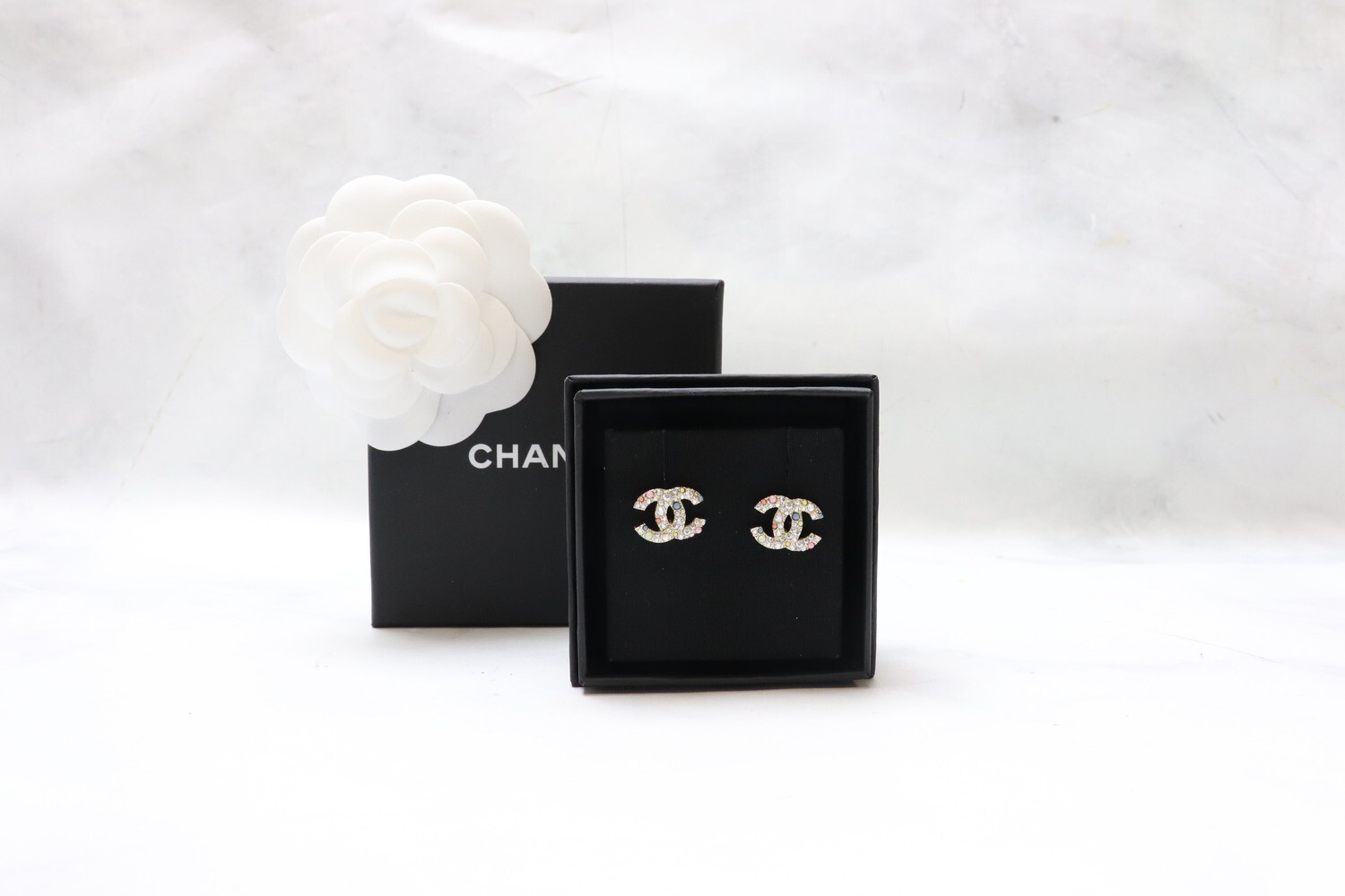 Chanel Earrings Studs Crystal with Pink, Green Beads, New in Box