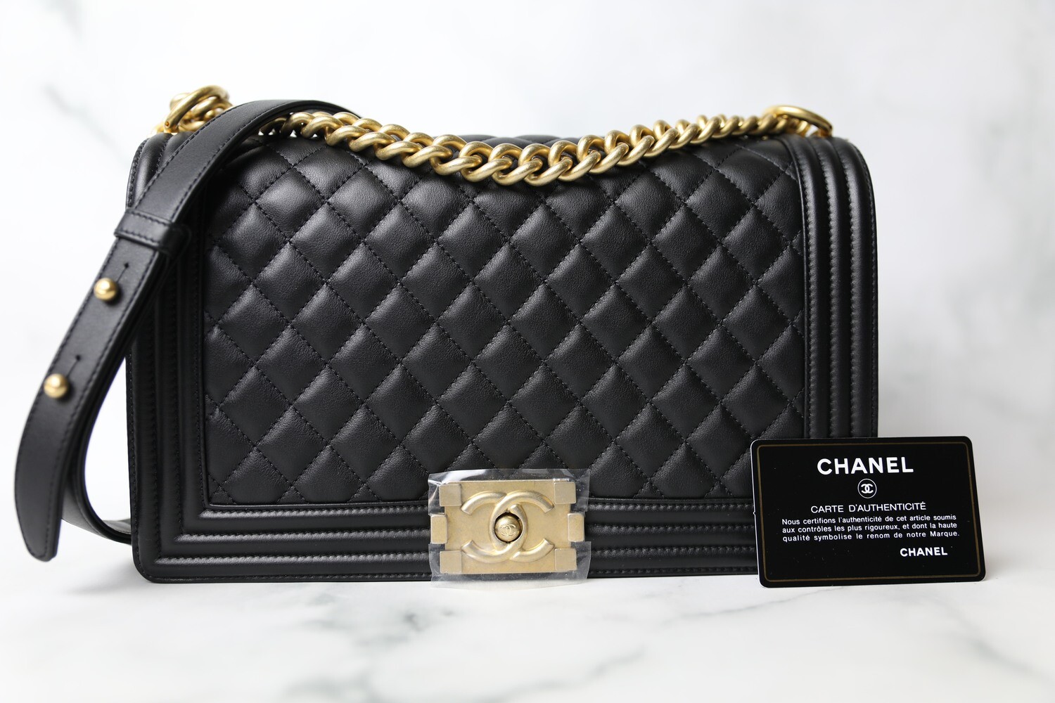 Chanel Boy New Medium, Black Calfskin with Aged Gold Hardware, New in Box WA001