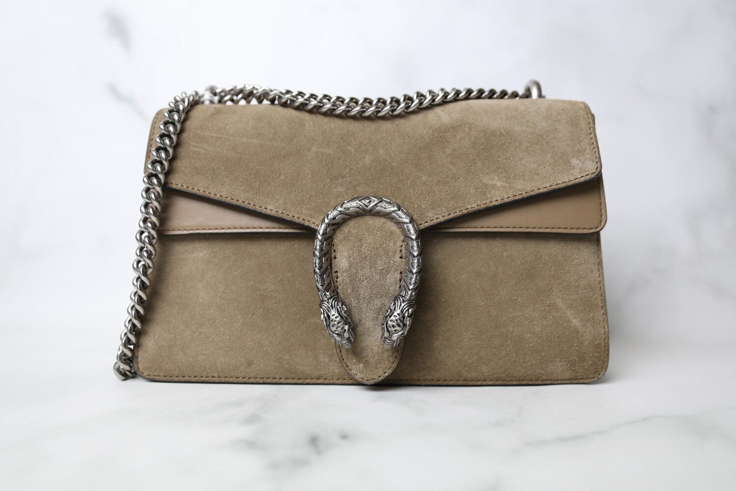 Gucci Dyonysus Small, Tan Suede with Ruthenium Hardware, Preowned in Dustbag