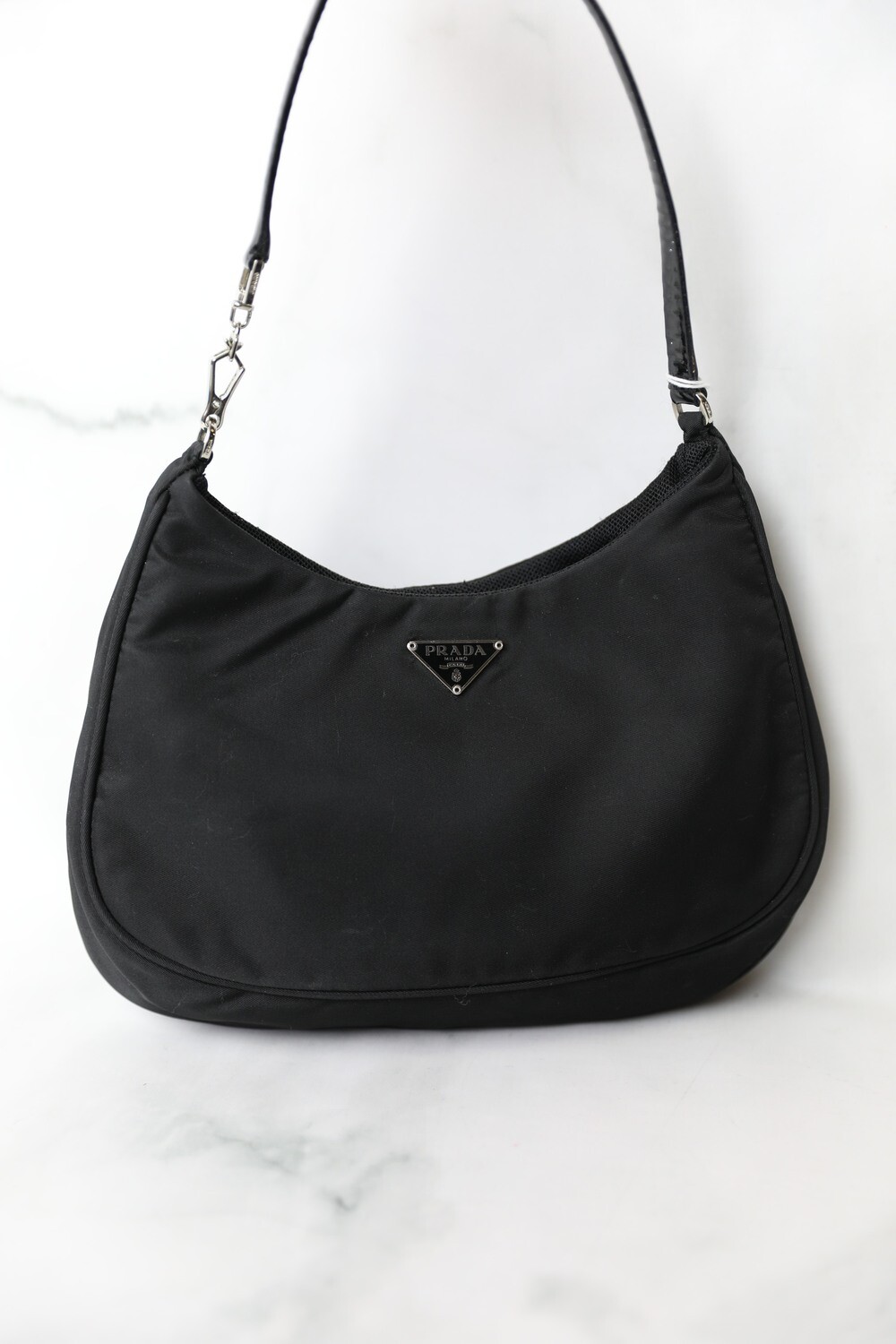Prada Mini Hobo Bag, Black Nylon, Preowned in Dustbag WA001
