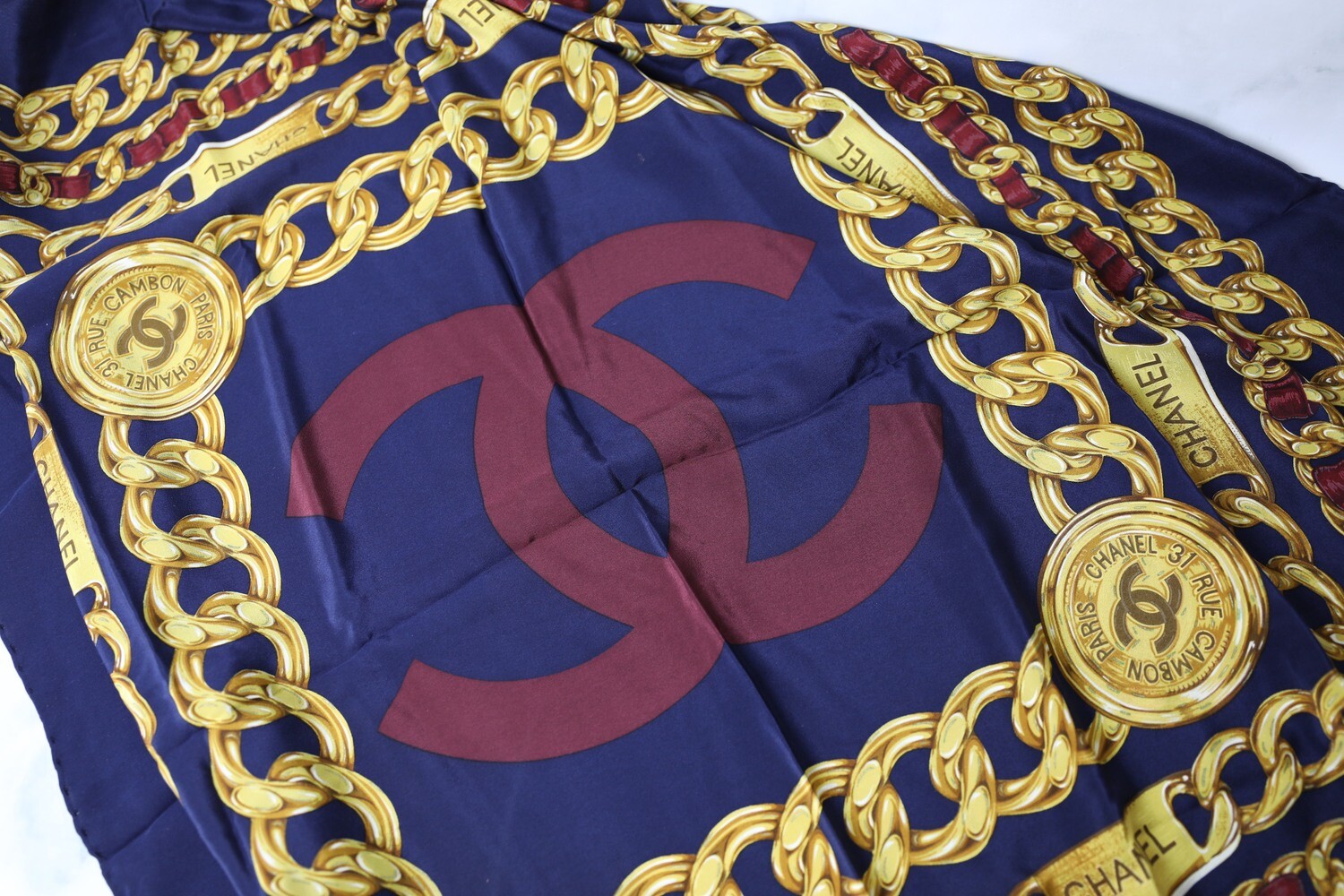 Chanel Silk Scarf, Blue, Preowned in Tissue WA001