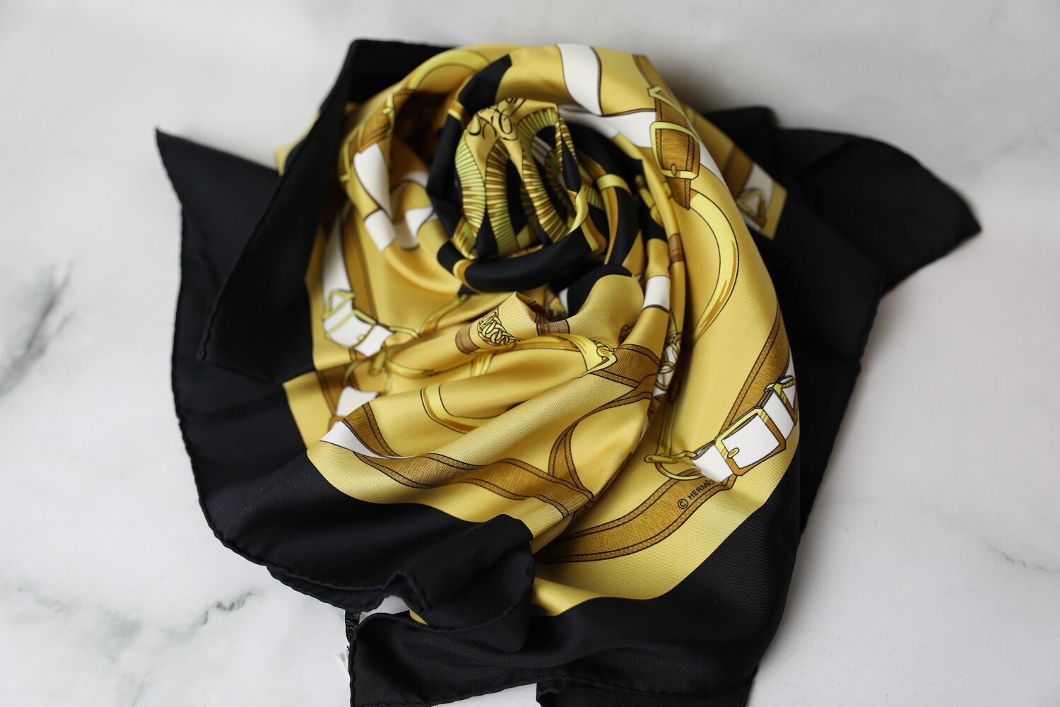 Hermes Silk Scarf, Blacks and Gold, Preowned WA001
