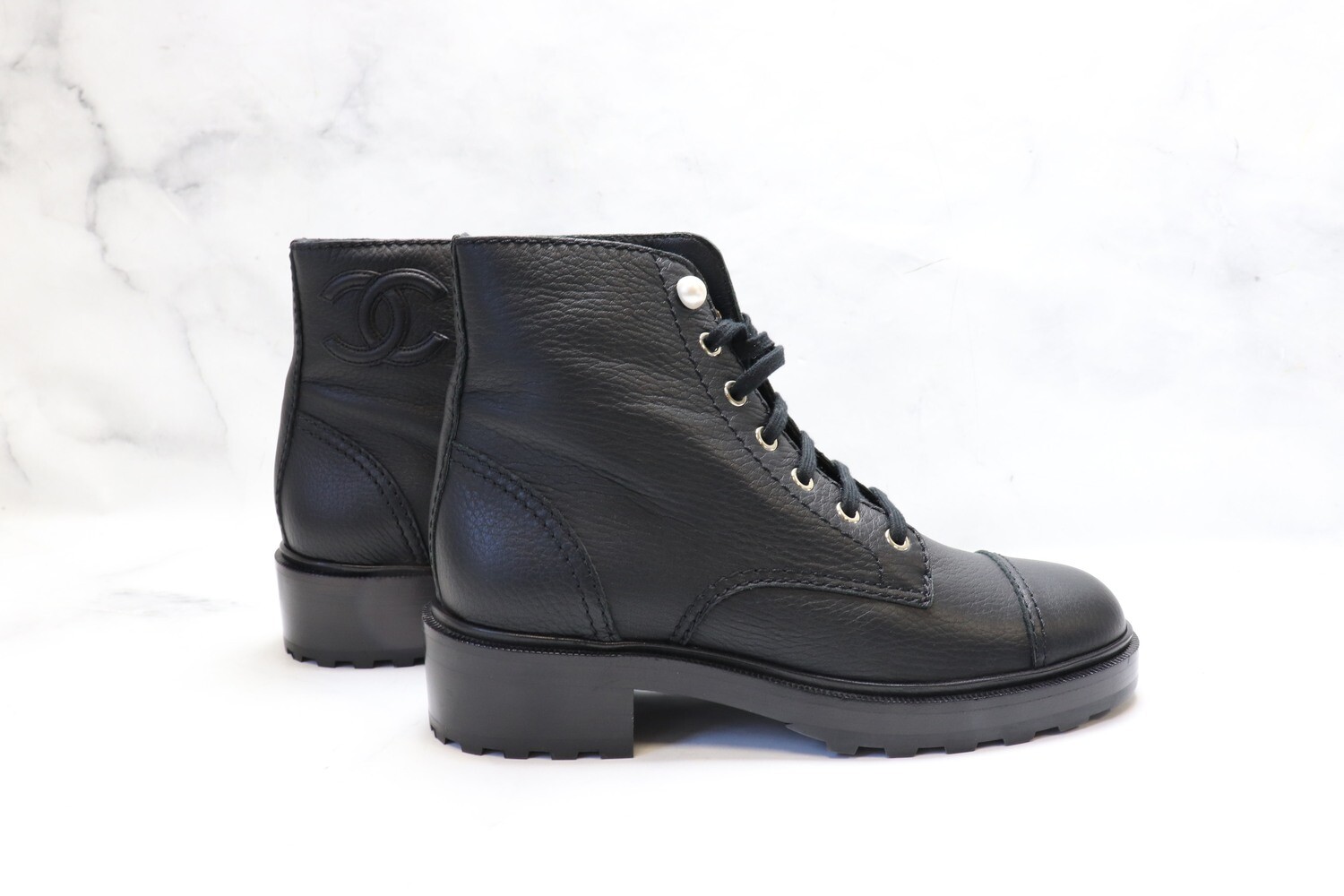 Chanel Boots, Black Leather with Pearl, New in Box