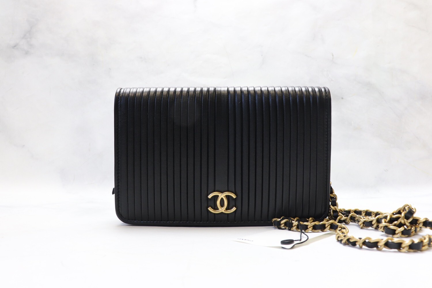 Chanel Wallet on Chain Black Calfskin Vertical Leather, Gold Hardware, Strap with Pearl, New in Box