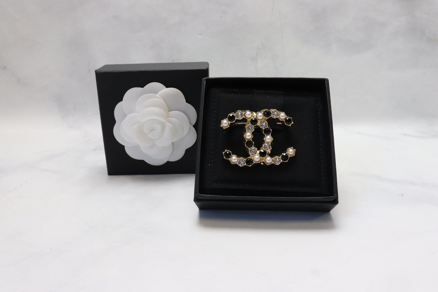 Chanel Brooch Black with Alternating Pearl and Crystal, New in Box