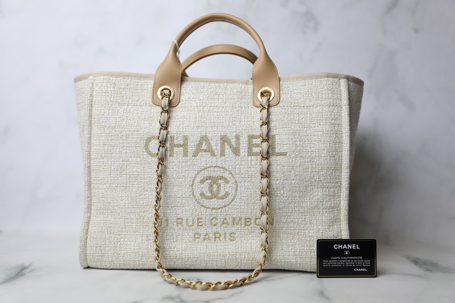 Chanel Deauville Large, Ivory with Gold Hardware, Preowned in Dustbag WA001