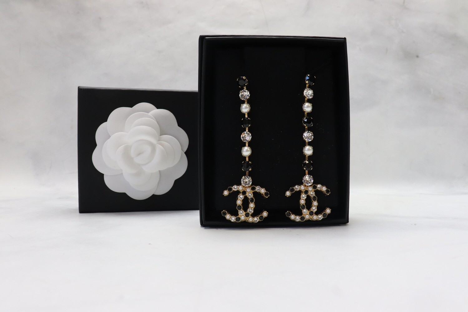 Chanel Earrings Black, Crystal, Pearl Long Drop CC, New in Box