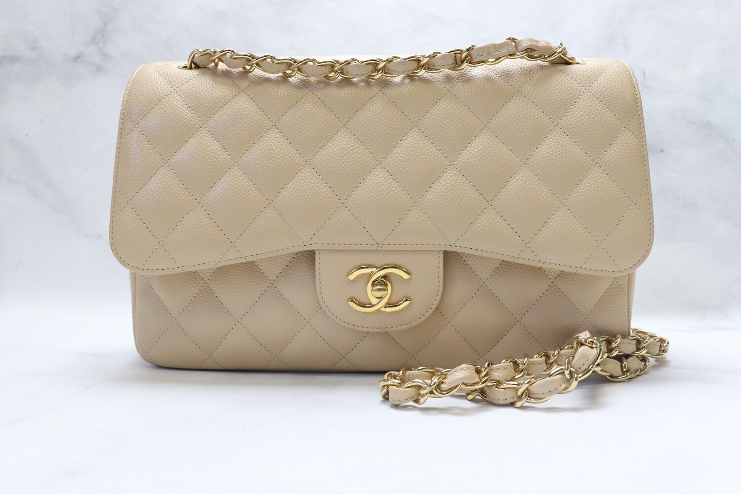 Chanel Classic Jumbo Double Flap Beige Claire Caviar Leather, Gold Hardware, Preowned in Black Dustbag