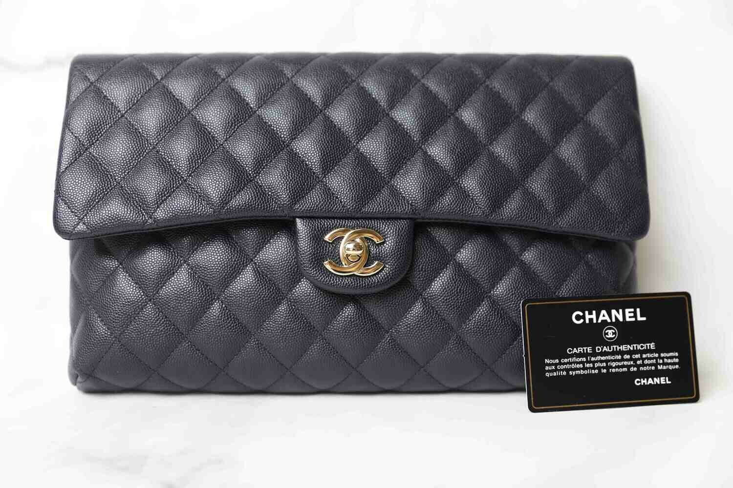 Chanel Clutch, Navy Caviar with Gold Hardware, Preowned in Dustbag WA001
