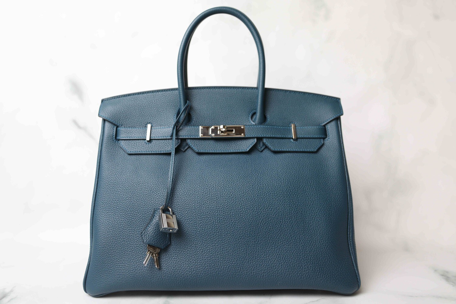 Hermes Birkin 35 Bleu Agate Togo Leather with Palladium hardware, Preowned in Box WA001