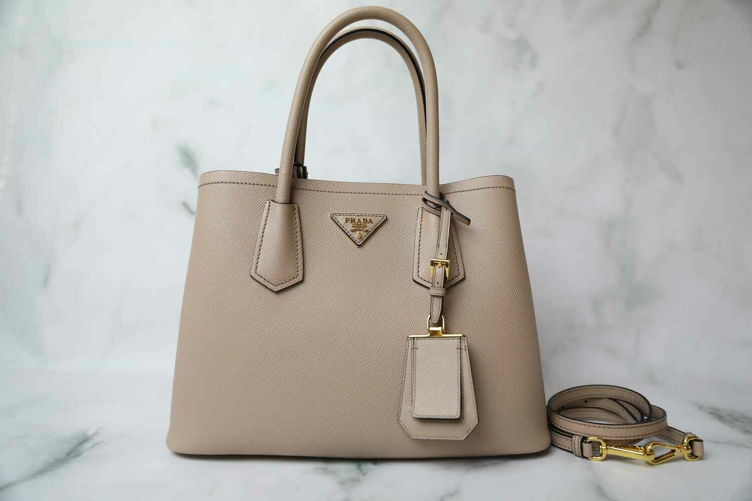 Prada Double Bag Small, Nude Saffiano Leather, preowned in Dustbag WA001