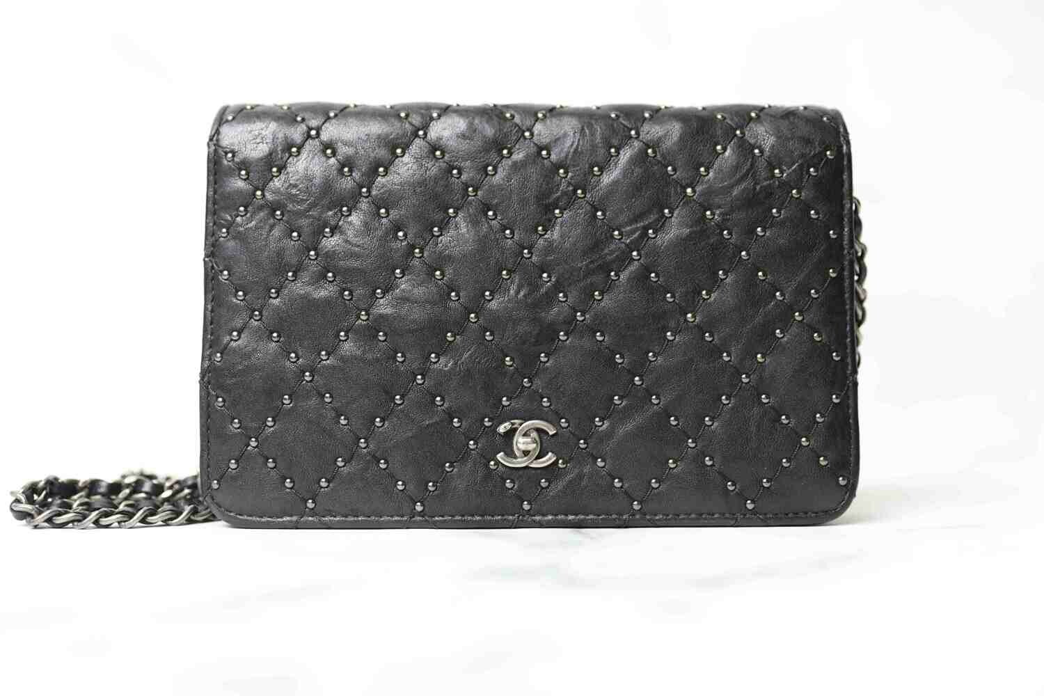 Chanel Studded Wallet on Chain, Black Calfskin with Ruthenium hardware, preowned no Dustbag WA001