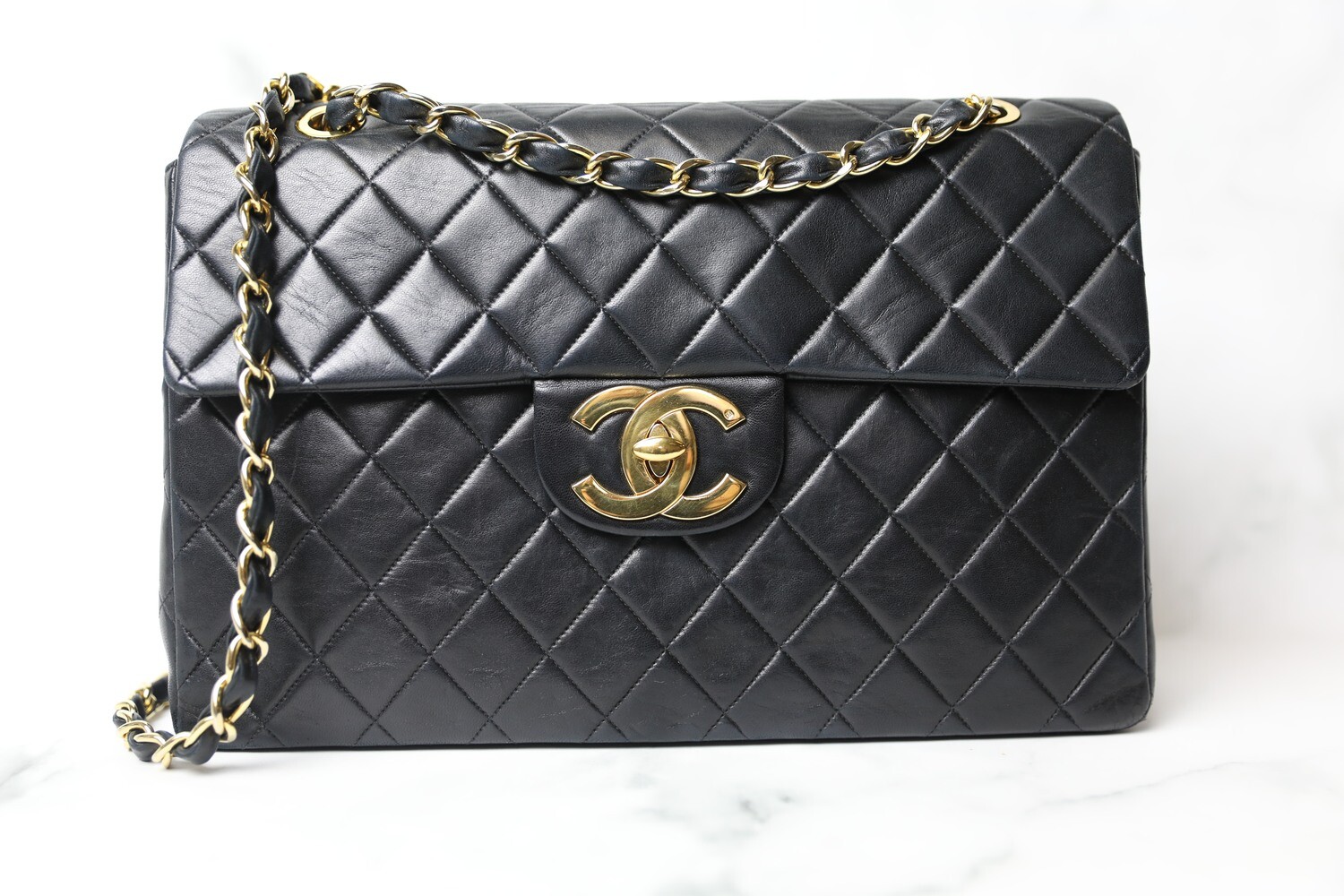 Chanel Vintage Maxi, Black Lambskin with Gold Hardware, Preowned in Box WA001