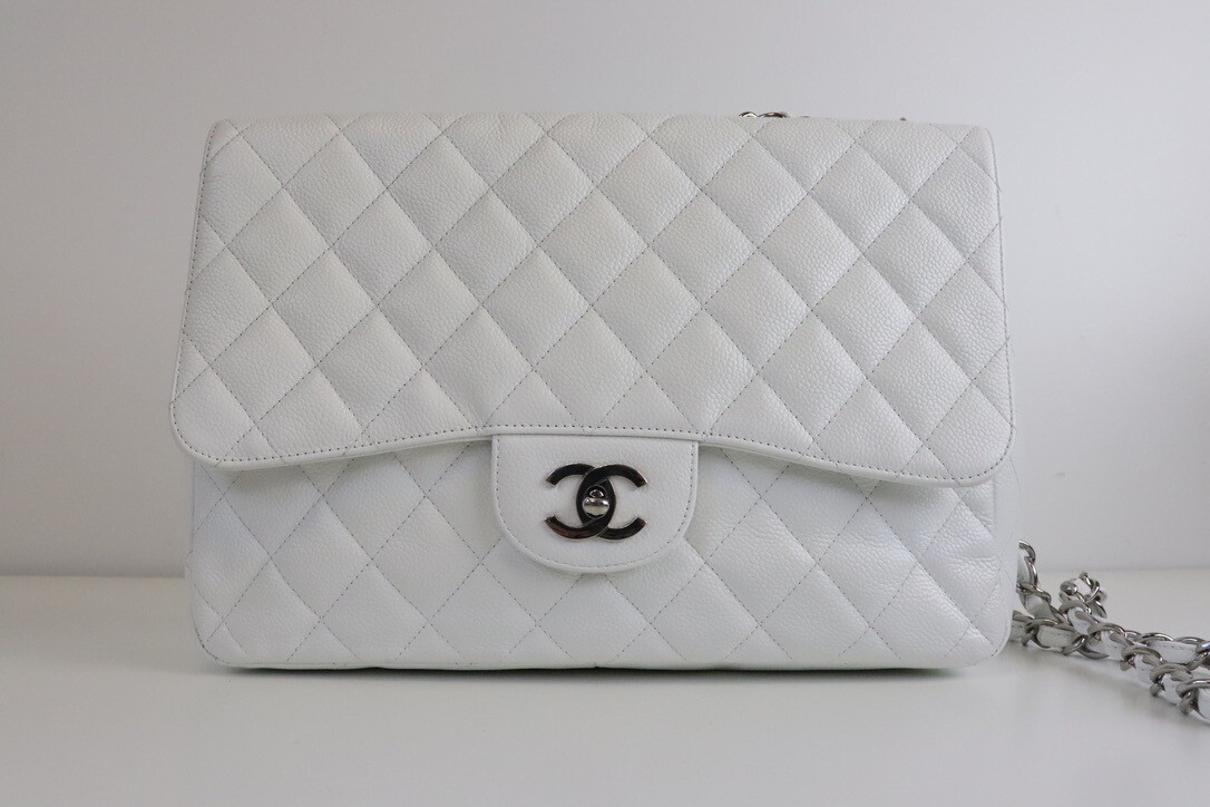 Chanel Classic Jumbo Single Flap, White Caviar Leather, Silver Hardware, Preowned