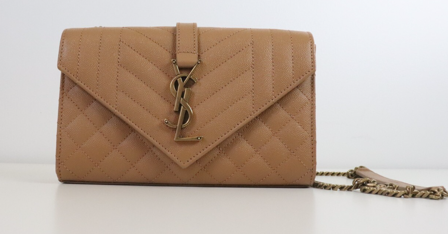 Saint Laurent Envelope Small Flap Bag Beige Pebbled Leather, Antique Gold Hardware, New in Dustbag