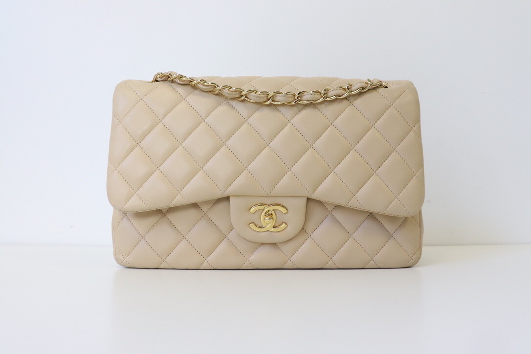 Chanel Classic Jumbo Double Flap, Beige Lambskin Leather, Gold Hardware, Preowned - No Dustbag