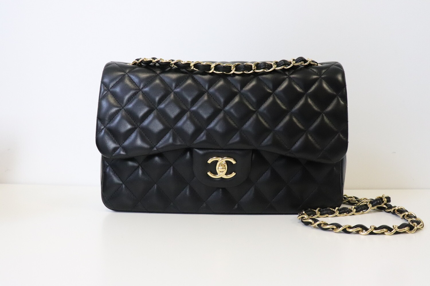 Chanel Classic Jumbo Double Flap Black Lambskin Leather, Gold Hardware, Preowned in Box