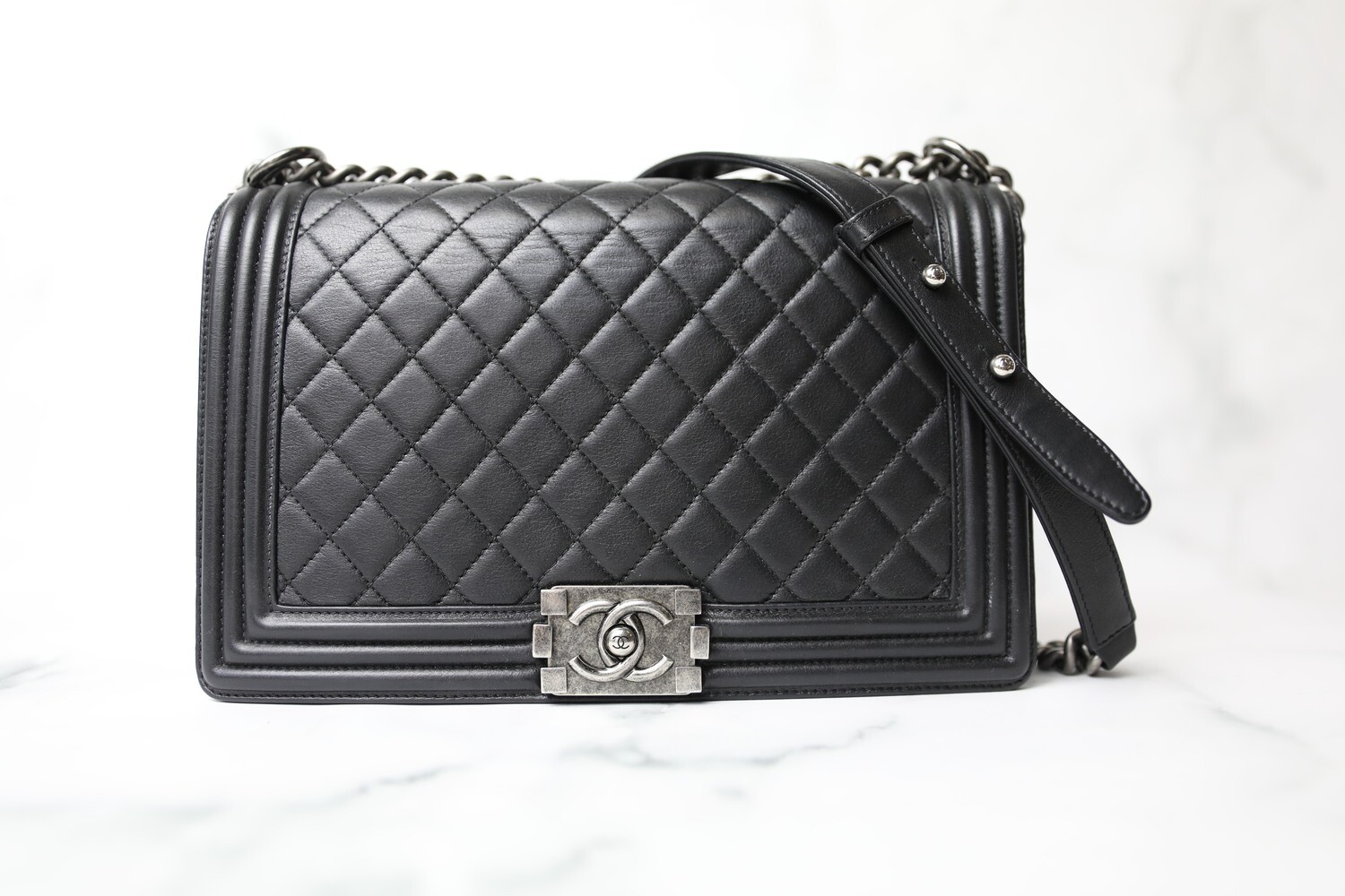 Chanel Boy New Medium, Black Lambskin with Ruthenium Hardware, Preowned in Dustbag WA001