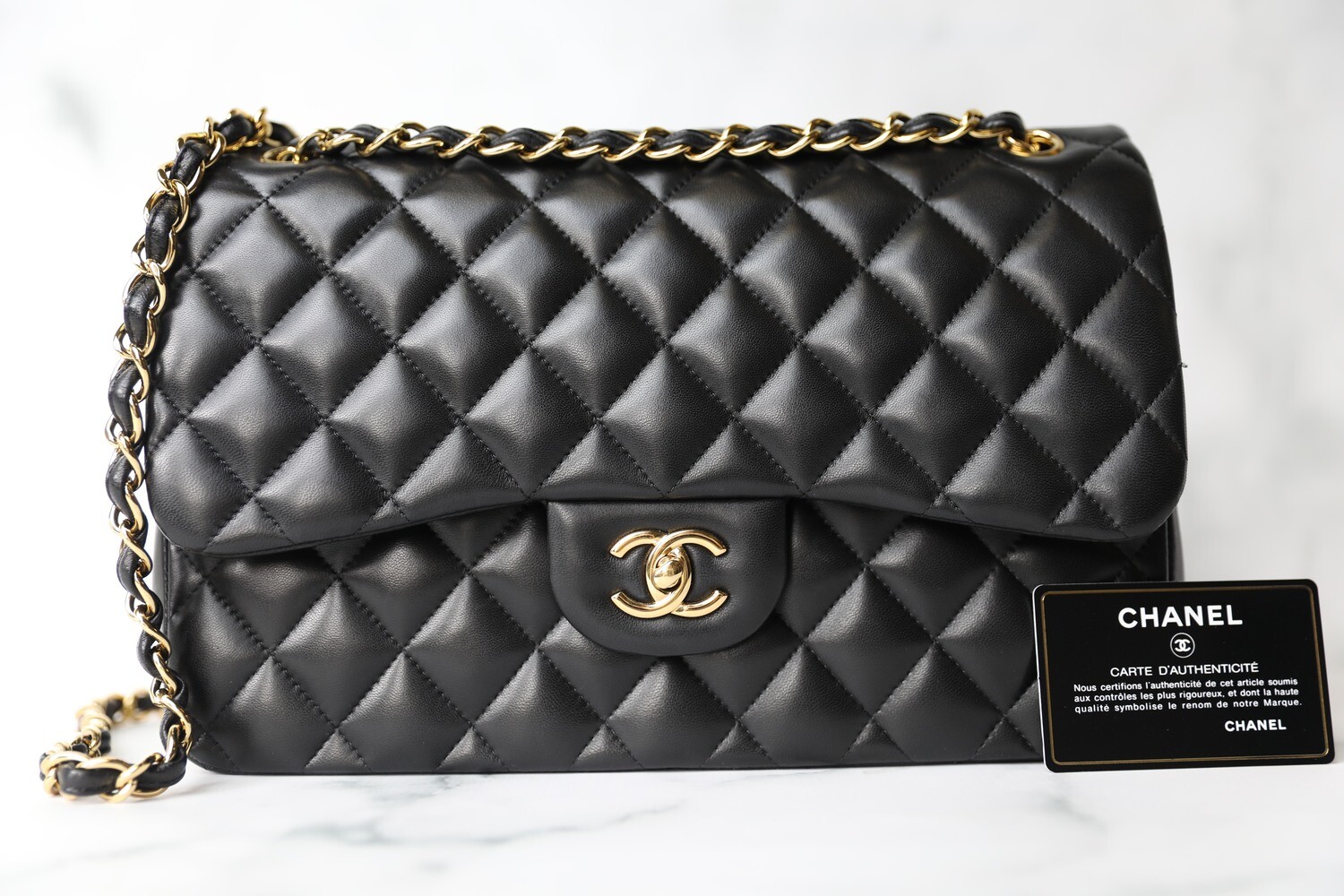 Chanel Classic Jumbo, Black Lambskin with Gold Hardware, Preowned in Box WA001