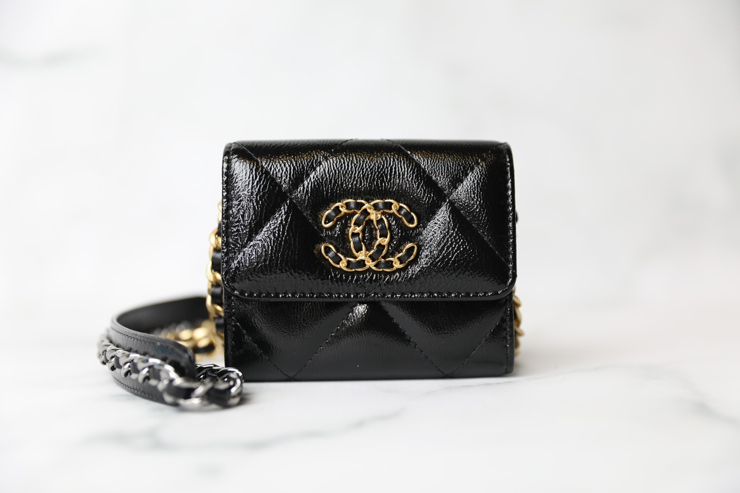 Chanel 19 Cardholder on a Chain, Black Glazed Leather, New in Box WA001