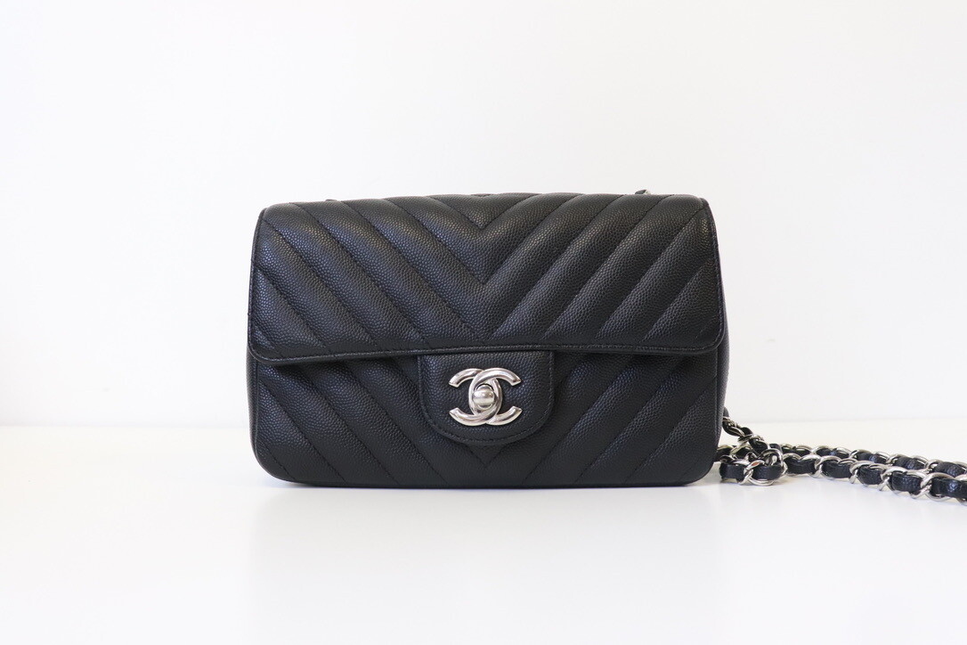 Chanel Mini Rectangle Black Chevron Caviar Leather, Silver Hardware, Preowned in Box MA001