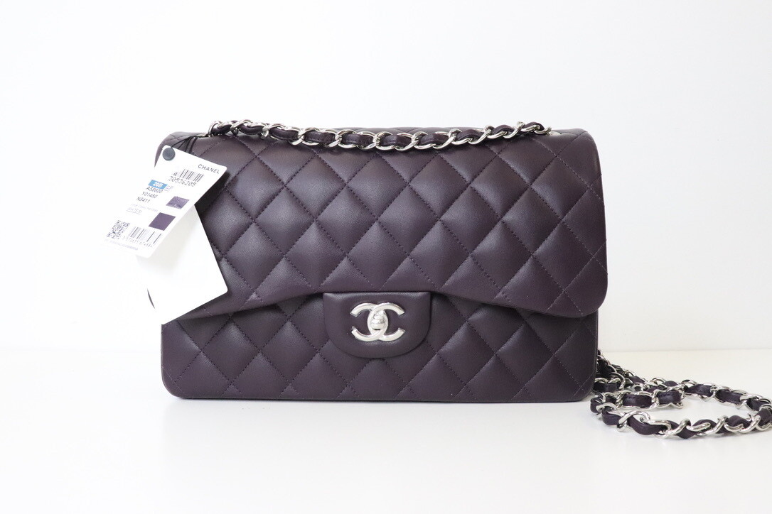 Chanel Classic Jumbo Double Flap Dark Purple 20B Lambskin Leather Silver Hardware New in Box