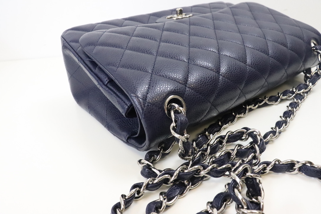 Chanel Classic Jumbo Double Flap Navy Caviar Leather, Silver hardware,  Preowned in Box