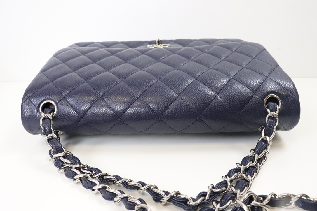 Chanel Classic Jumbo Double Flap Navy Caviar Leather, Silver hardware,  Preowned in Box