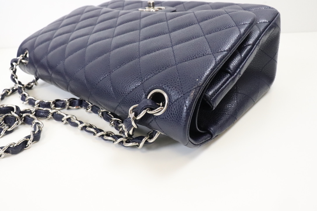 Chanel Classic Jumbo Double Flap Navy Caviar Leather, Silver