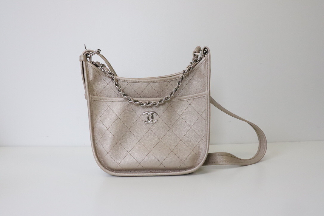 Chanel Seasonal Quilted Jungle Crossbody, Pink Iridescent Calfskin Leather, Silver Hardware, Preowned in Dustbag