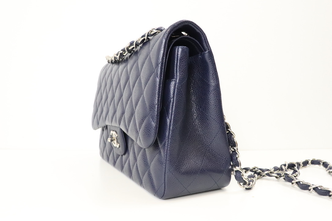 Chanel Classic Jumbo Double Flap Navy Caviar Leather, Silver