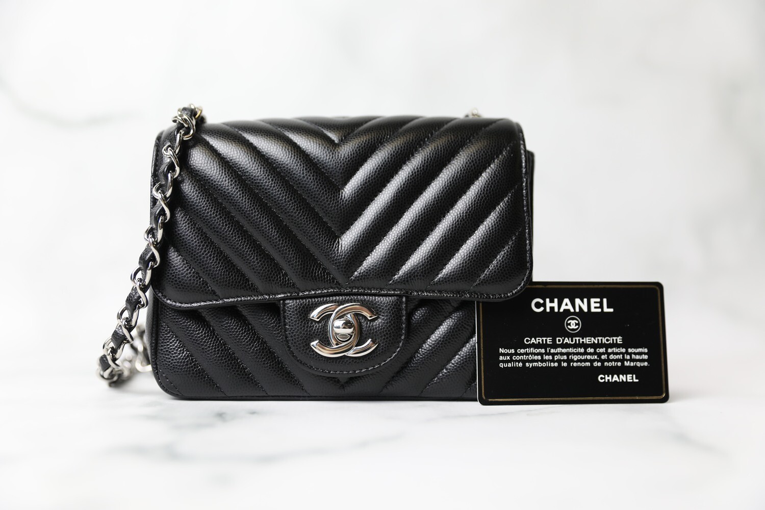 Chanel Classic Mini Square, Black Chevron Caviar with Silver Hardware, preowned in Dustbag WA001