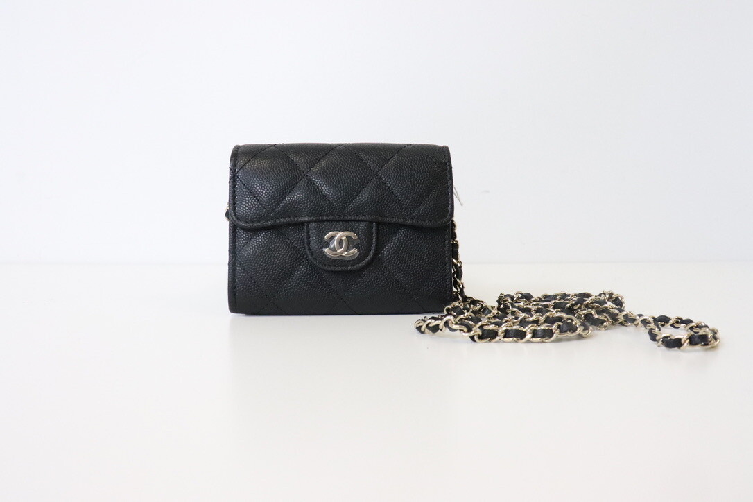 Chanel SLG Clutch Wallet on a Chain, Black Caviar Leather, Light Gold Hardware, New in Dustbag