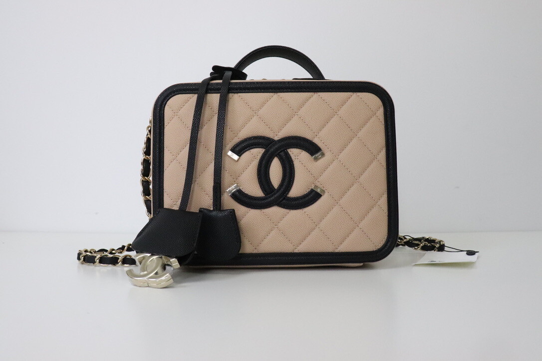Chanel Filigree Vanity Medium, Beige Caviar Leather, Black Caviar trim, Light Gold Hardware, New in Box