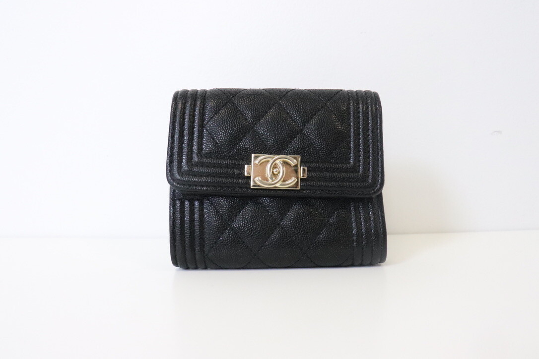 Chanel SLG Wallet Boy Style, Black Caviar Leather, Light Gold Hardware, New in Dustbag