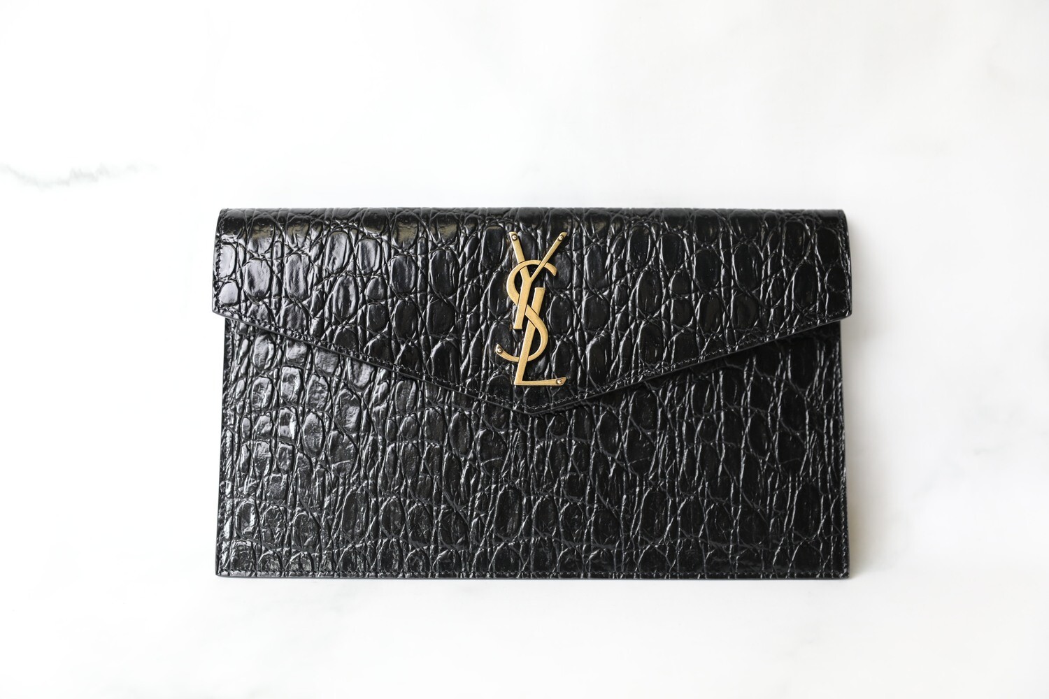Saint Laurent Uptown Clutch, Black Moc Croc with Gold Hardware, New in Box WA001