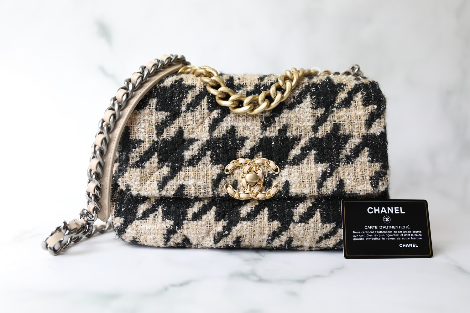 Chanel 19 Classic, Beige and Black Houndstooth, Preowned in Box WA001
