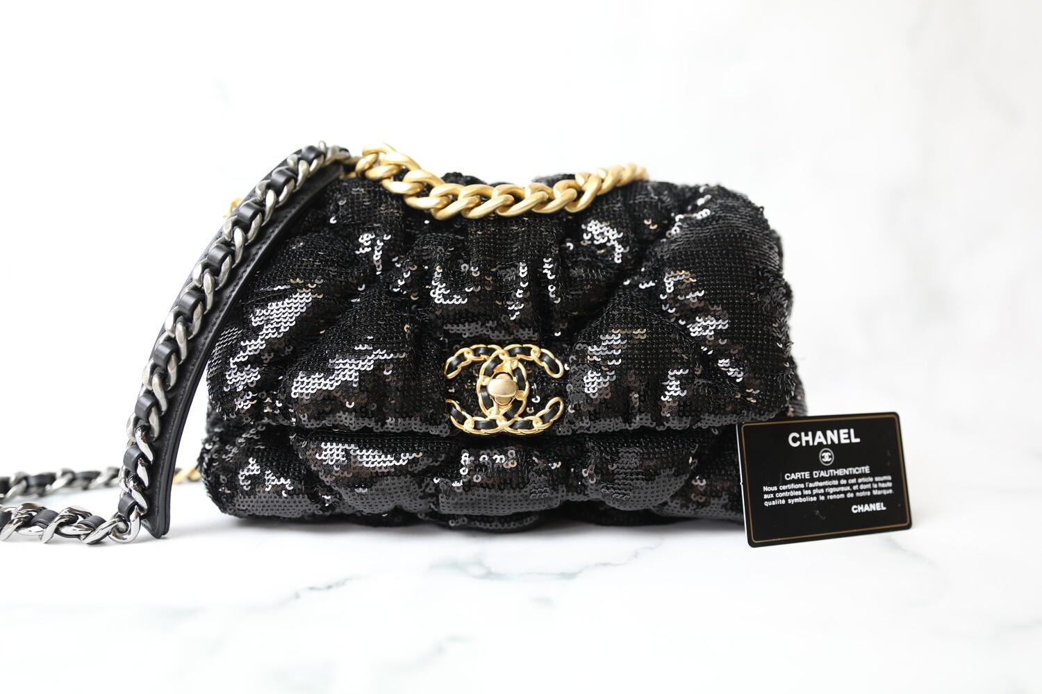 Chanel 19 Classic, Puffy Black Sequin, New in Dustbag WA001