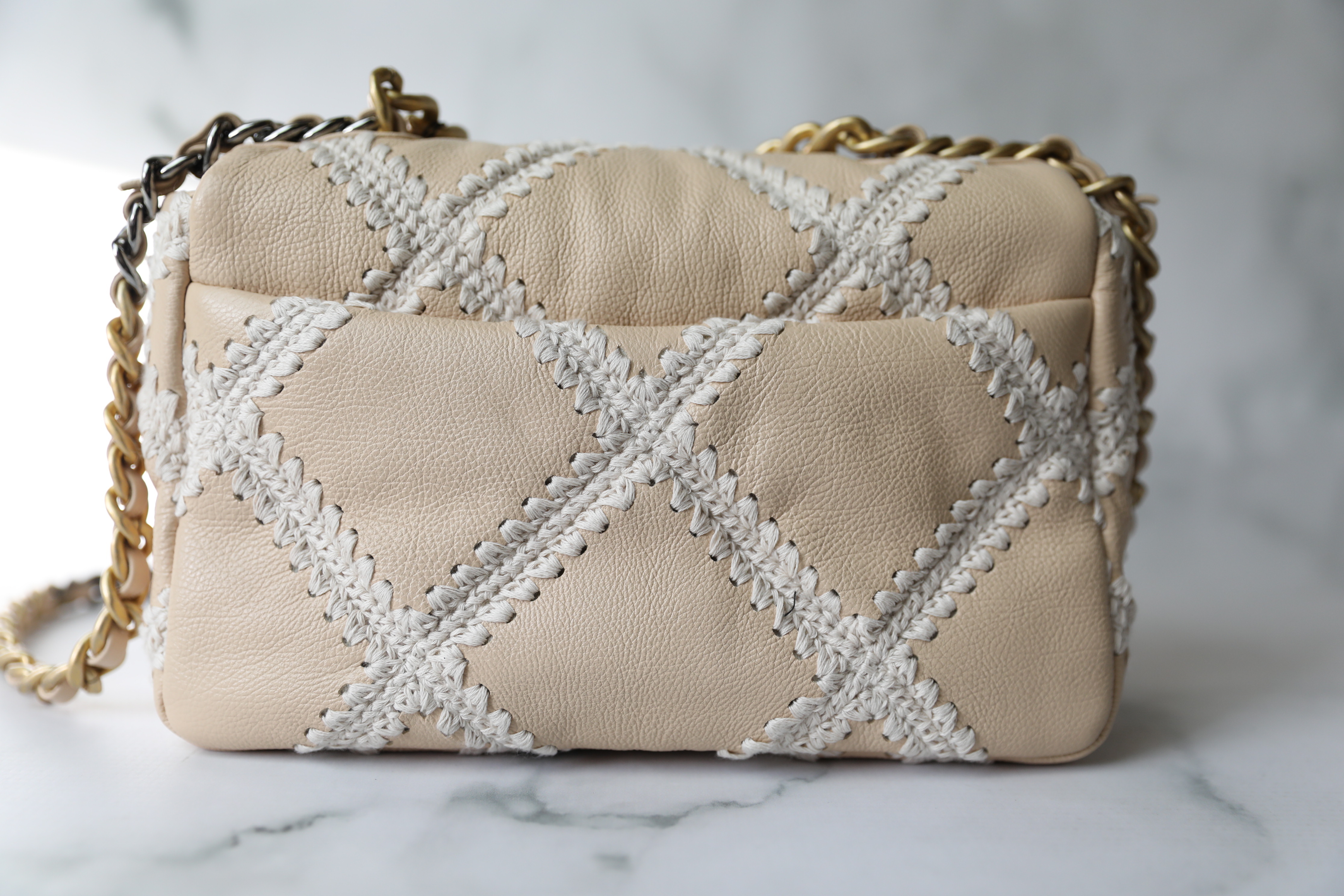 Chanel 19 Classic, Beige Calfskin with White Stitching, New in Box WA001 - Julia  Rose Boston