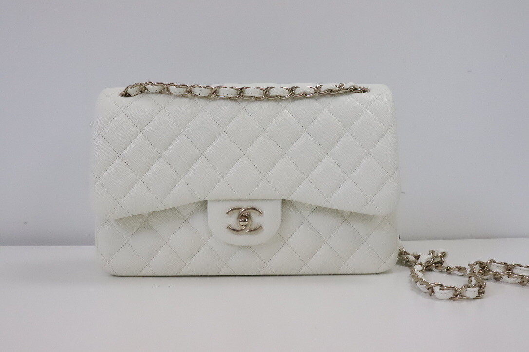 Chanel Classic Jumbo Double Flap Ivory Caviar Leather, Light Gold Hardware, Preowned in Box