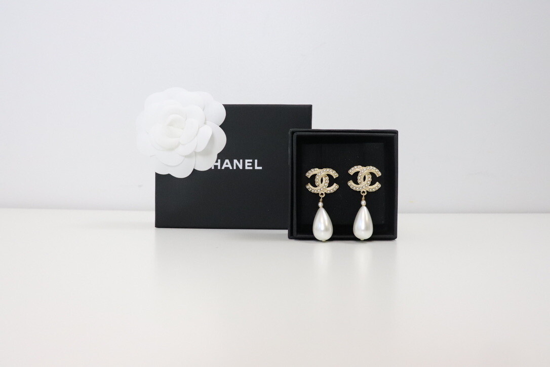Chanel Earrings Gold Statement with Pearl, Pearl Drop, New in Box